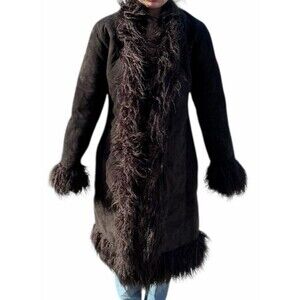 100% Genuine Shearling B Sheepskin Long Black Coat Lined Y2K Fringe Penny Lane